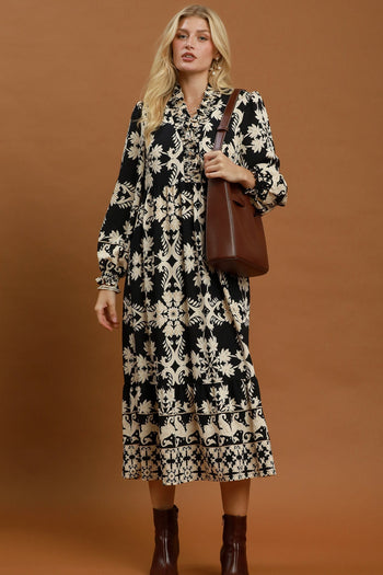 Umgee Mix Border Print Ruffle Maxi Dress in Black Mix