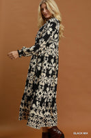 Umgee Mix Border Print Ruffle Maxi Dress in Black Mix