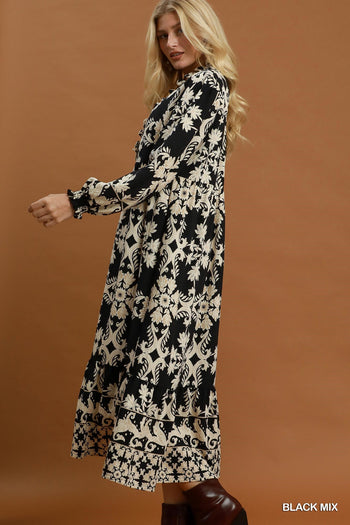 Umgee Mix Border Print Ruffle Maxi Dress in Black Mix