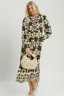 Umgee Mix Border Print Ruffle Maxi Dress in Olive Mix