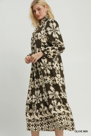 Umgee Mix Border Print Ruffle Maxi Dress in Olive Mix