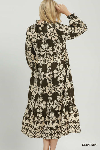Umgee Mix Border Print Ruffle Maxi Dress in Olive Mix