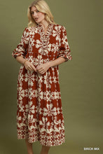Load image into Gallery viewer, Umgee Mix Border Print Ruffle Maxi Dress in Brick Mix
