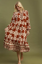 Load image into Gallery viewer, Umgee Mix Border Print Ruffle Maxi Dress in Brick Mix
