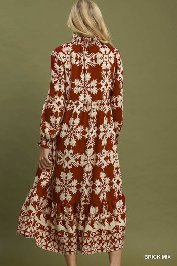 Umgee Mix Border Print Ruffle Maxi Dress in Brick Mix