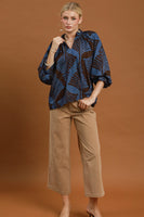 Umgee Abstract Leaf Print V-Neck Balloon Sleeve Blouse in Slate Blue