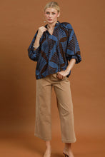 Load image into Gallery viewer, Umgee Abstract Leaf Print V-Neck Balloon Sleeve Blouse in Slate Blue
