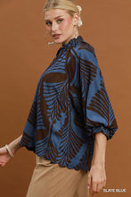 Load image into Gallery viewer, Umgee Abstract Leaf Print V-Neck Balloon Sleeve Blouse in Slate Blue
