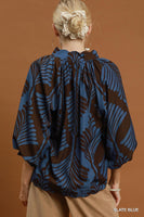 Umgee Abstract Leaf Print V-Neck Balloon Sleeve Blouse in Slate Blue