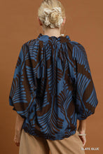 Load image into Gallery viewer, Umgee Abstract Leaf Print V-Neck Balloon Sleeve Blouse in Slate Blue
