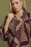 Umgee Abstract Leaf Print V-Neck Balloon Sleeve Blouse in Plum