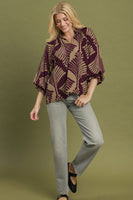 Umgee Abstract Leaf Print V-Neck Balloon Sleeve Blouse in Plum