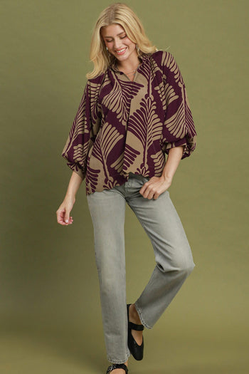 Umgee Abstract Leaf Print V-Neck Balloon Sleeve Blouse in Plum