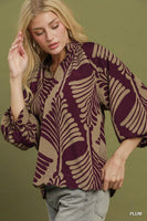 Umgee Abstract Leaf Print V-Neck Balloon Sleeve Blouse in Plum