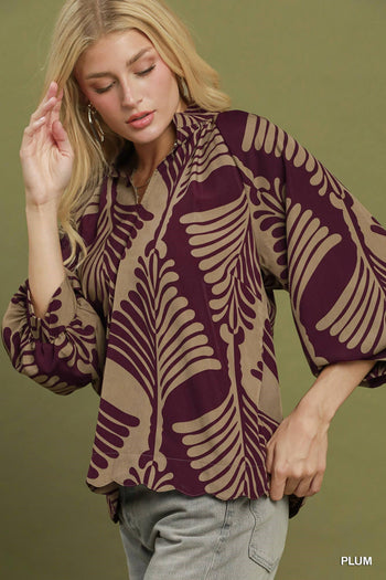 Umgee Abstract Leaf Print V-Neck Balloon Sleeve Blouse in Plum