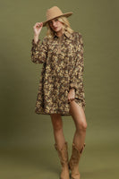 Umgee Corduroy Floral Print Collared Shift Dress in Mocha