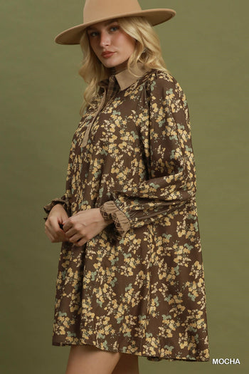 Umgee Corduroy Floral Print Collared Shift Dress in Mocha
