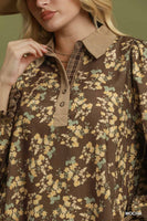 Umgee Corduroy Floral Print Collared Shift Dress in Mocha