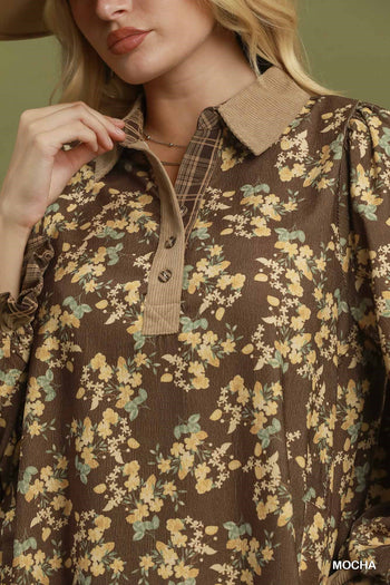 Umgee Corduroy Floral Print Collared Shift Dress in Mocha