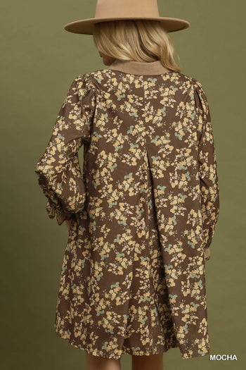 Umgee Corduroy Floral Print Collared Shift Dress in Mocha