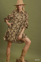 Umgee Corduroy Floral Print Collared Shift Dress in Mocha