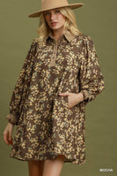 Umgee Corduroy Floral Print Collared Shift Dress in Mocha
