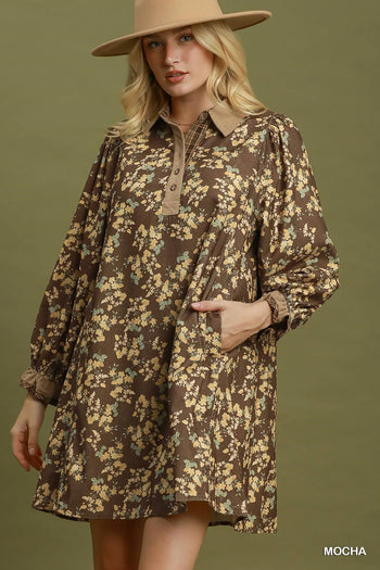 Umgee Corduroy Floral Print Collared Shift Dress in Mocha