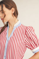 Jodifl Striped Button Front Puff Sleeve Dress in Red ON ORDER