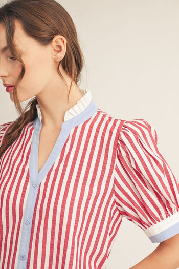 Jodifl Striped Button Front Puff Sleeve Dress in Red ON ORDER