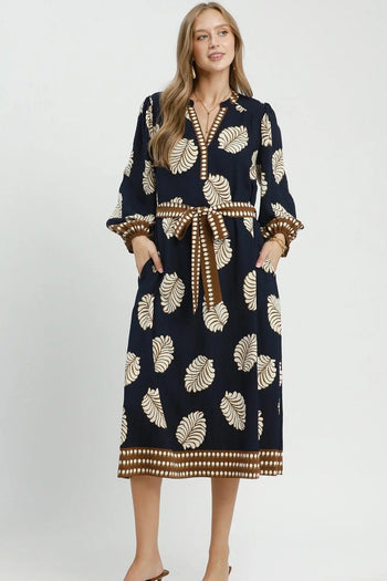 Umgee Mix Leaf Print Belted Midi Dress in Navy Mix