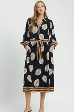 Load image into Gallery viewer, Umgee Mix Leaf Print Belted Midi Dress in Navy Mix
