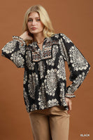 Umgee Boho Paisley Floral Contrast Yoke Blouse in Black