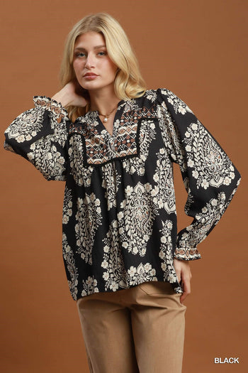Umgee Boho Paisley Floral Contrast Yoke Blouse in Black