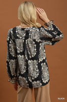 Umgee Boho Paisley Floral Contrast Yoke Blouse in Black