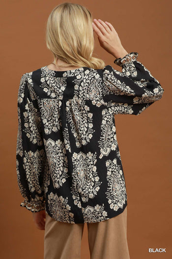 Umgee Boho Paisley Floral Contrast Yoke Blouse in Black