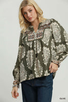 Umgee Boho Paisley Floral Contrast Yoke Blouse in Olive