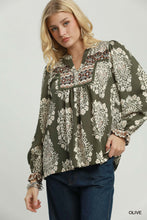 Load image into Gallery viewer, Umgee Boho Paisley Floral Contrast Yoke Blouse in Olive
