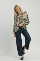 Umgee Boho Paisley Floral Contrast Yoke Blouse in Olive