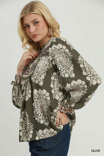 Umgee Boho Paisley Floral Contrast Yoke Blouse in Olive