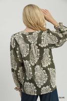 Umgee Boho Paisley Floral Contrast Yoke Blouse in Olive