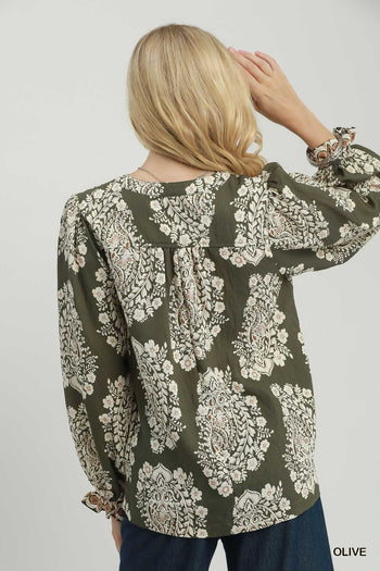 Umgee Boho Paisley Floral Contrast Yoke Blouse in Olive
