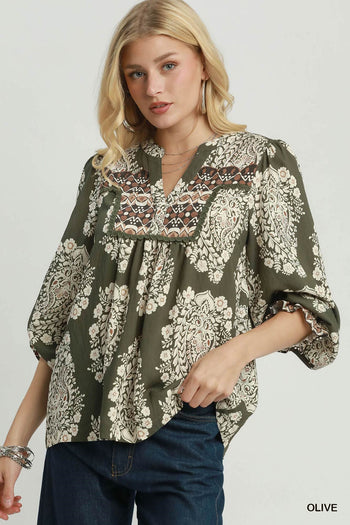 Umgee Boho Paisley Floral Contrast Yoke Blouse in Olive