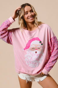 BiBi Large Santa Patched Top with Velvet Sequin Sleeves in Pink