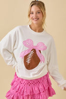 Main Strip Ribbon Bow Football Patched Lightweight Sweatshirt in White