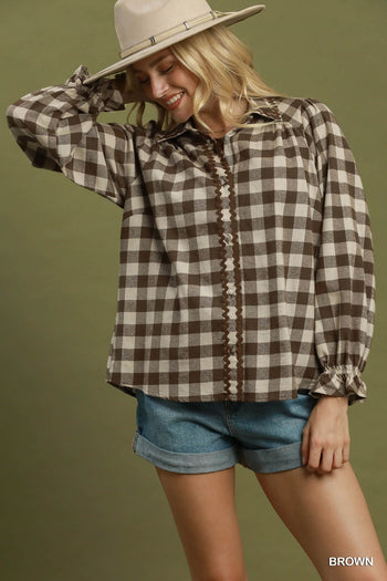 Umgee Gingham Ruffle Trim Button-Up Blouse in Brown