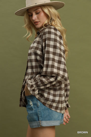 Umgee Gingham Ruffle Trim Button-Up Blouse in Brown