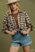 Load image into Gallery viewer, Umgee Gingham Ruffle Trim Button-Up Blouse in Brown
