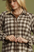 Umgee Gingham Ruffle Trim Button-Up Blouse in Brown