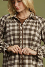 Load image into Gallery viewer, Umgee Gingham Ruffle Trim Button-Up Blouse in Brown
