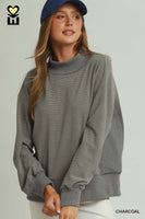 Umgee Relaxed Mock Neck Rib Pullover in Charcoal